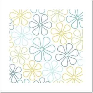 Abstract Flowers Teals Yellow Lime White Posters and Art